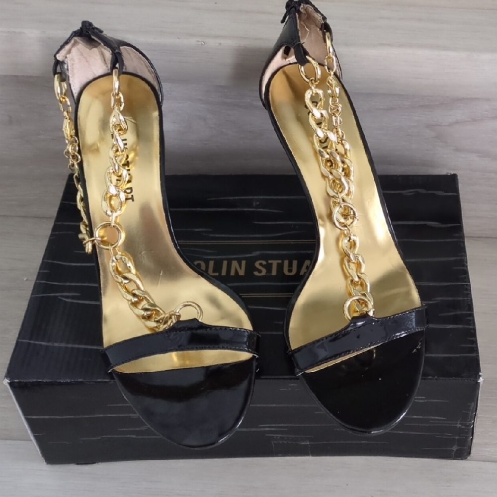 Colin Stuart Glossy Black Heels with Gold Chains